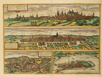 Kort over Nürnberg, Ulm, Salzburg og Lindau fra Civitates Orbis Terrarum af Georg Braun