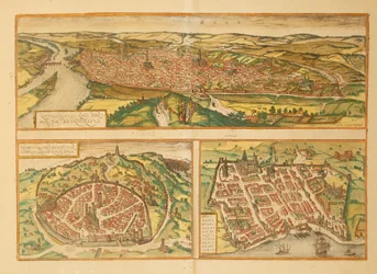Kort over Rouen, Nimes og Bordeaux fra Anden Verdenskrig af Georg Braun