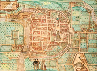 Kort over Tridentum, i dag Trent, af Georg Braun og Franz Hogenberg, farvet gravering fra Civitates Orbis Terrarum, Italien