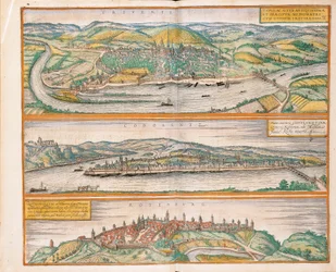 Kort over Trier, Koblenz og Rothenburg fra Civitates Orbis Terrarum af Georg Braun