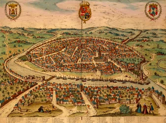 Spanien, Sevilla, Udsigt over byen, farvegravering fra Civitates Orbis Terrarum af Georg Braun (1541-1622) og Franz Hogenberg (1535-1590)