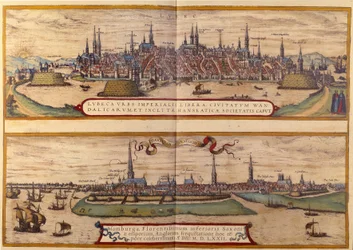Fra toppen af byen Lubeck, under byen Hamborg i Tyskland. Indgravering fra Atlas af "Braun og Hogenberg" 1572