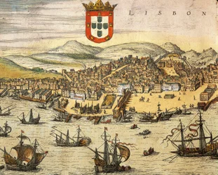 Kort over byen Lissabon, fra Civitates Orbis Terrarum af Georg Braun og Franz Hogenberg, gravering