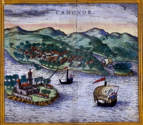 Udsigt over Canonor (eller Cannanore) i Indien fra en udgave af "Civitates Orbis Terrarum" af Braun og Hogenberg