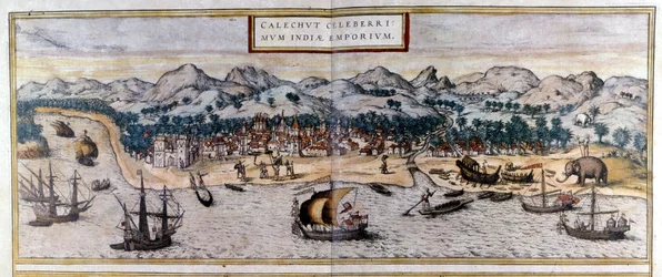 Udsigt over Kozhikode eller Calicut i Indien fra Atlas "Civitates Orbis Terrarum" af Braun & Hogenberg