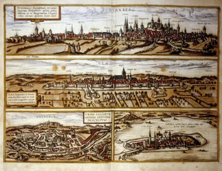 Udsigt over de tyske byer Nürnberg og Ulm, Salzburg, Østrig. Indgravering fra Atlas over "Braun og Hogenberg" 1572
