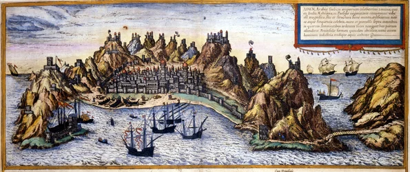 Udsigt over byen Aden i Yemen fra Atlas "Civitates Orbis Terrarum" af Braun & Hogenberg