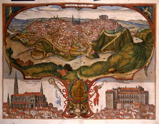 Udsigt over byen Toledo i det 16. århundrede. Gravering af George Braun i "" Civitatis Orbis Terrarum"" bind I skrevet af Franz Hogenberg (1535-1590)