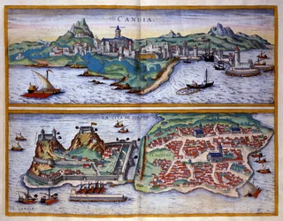 Udsigt over havnen i Candie (det nuværende Heraklion) på Kreta og havnen på Korfu i Grækenland Gravering af George Braun i "" Civitatis Orbis Terrarum""" bind I skrevet af Franz Hogenberg (1535-1590)