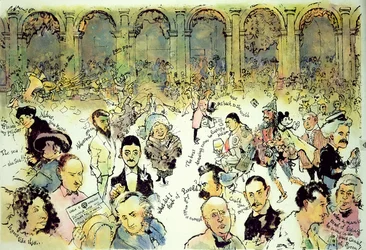 Berømte ansigter udenfor Florians på Piazza San Marco, Venedig, ca. 1990 (gouache på hardboard med blæk på acetat-overlay)