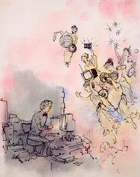 Modern Young Writer henter inspiration fra Multimedia Muses (gouache på kort)