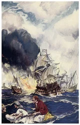 Brulot sigtelse af sprængstof kaster mod et skib Illustration fra "" Pirates of Panama or The Buccaneers of America"" af George Albert Williams (1875-1932) 1914