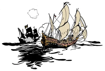 Pirater nærmer sig et skib Illustration fra "Drengens bog om pirater og de store sørovere"" af George Albert Williams (1875-1932) 1900