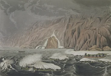 Ekspedition fordobling af Cape Barrow, 25. juli 1821, fra Narrative of a Journey to the Shores of the Polar Sea in the Years 1819-22 af Sir John Franklin (1786-1847) indgraveret af Edward Finden (1791-1857) pu