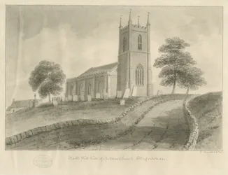 Ipstones Kirke: sepia tegning