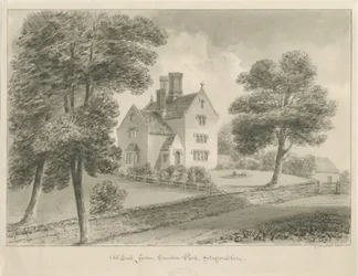 Sandon - Old Hall Farm: sepia vask tegning