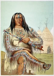 Amerikanske indianere: Portræt af en leder af sortfodsstammen (sorte fødder) på omkring 50 år. Illustration af George Catlin (1794-1872)
