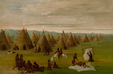 Comanche-landsby, kvinder i færd med at klæde sig på og tørre kød