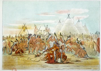 Indians of America: Assiniboin-stamme, der ligner Sioux-dansende pibedans. Illustration af George Catlin (1794-1872)
