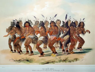 Indians of America: Bear Dance, ritual for en stamme af rød hud. Illustration af George Catlin (1794-1872)