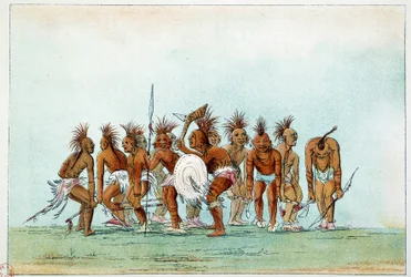 Indians of America: Black Hawk-stammen danser tiggerdans for turister. Illustration af George Catlin (1794-1872)