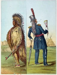 Indians of America: Indisk assiniboine-dyrlæge i militær i sine lommer to flasker whisky. Illustration af George Catlin (1794-1872)