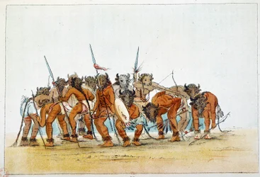Indians of America: Møde mellem Mandans krigere med deres trofæ af bøffelhoved på hovedet. Illustration af George Catlin (1794-1872)