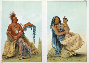 Amerikas indianere: Portræt af en Osage-høvding ved navn Clermont med sin hustru og søn. Illustration af George Catlin (1794-1872)