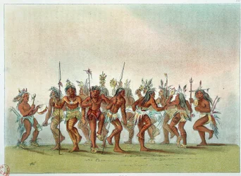 Amerikanske indianere: dans ånderne blandt siouxerne for at opnå himlens gunst. Illustration af George Catlin (1794-1872)