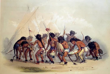Amerikanske indianere, der laver bøffeldans. Litografi af George Catlin