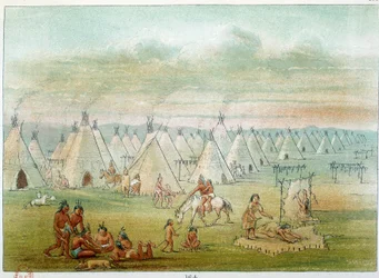 Indians of America: village commanche teltene er lavet af bisonskind. Illustration af George Catlin (1794-1872)