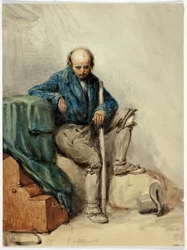Skaldet mand siddende på ejendele (recto); dame i gul kjole (verso)