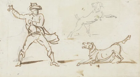 En mand, der kaster en bold til en hund (pen og grafit på papir)