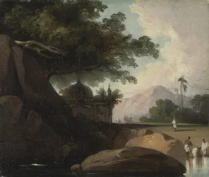 Indisk landskab med tempel