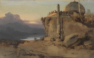 Ruiner af et tempel, solnedgang