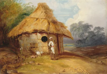 Udsigt i det sydlige Indien, med en kriger uden for sin hytte, ca. 1815