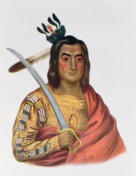 Mou-Ka-Ush-Ka eller «Den skælvende jord», en Yankton Sioux-høvding, illustration fra The Indian Tribes of North America af Thomas L. McKenney og James Hall, udgivet af John Grant