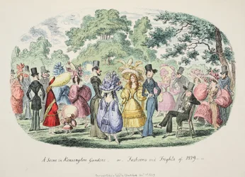En scene i Kensington Gardens - eller - Fashions and Frights of 1829, pub. 1829 (håndfarvet gravering)