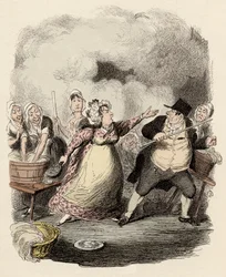 På hospice bliver Monsieur Bumble alvorligt frastødt af sin kone, Madame Corney - Mr. Bumble nedværdiget i de fattiges øjne - Illustration til "Oliver Twist" (Olivier) (The Adventures of Oliver Twist) af Charles Dickens (1812-1870) , af George Cruikshan