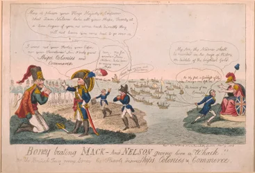 Boney Beating Mack - And Nelson Giving Him a Whack!, 1805 (farvet radering)