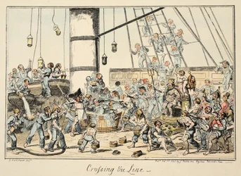 Crossing The Line, fra Greenwich Hospital, en serie af flådeskitser, Descriptive of a Life of a Man-of-Wars Man, pub. 1825 (håndfarvet gravering)