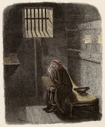 Fagin i sin dødsdomscelle - Fagin i den fordømte celle - Illustration til "" Oliver Twist"" (Olivier) (The Adventures of Oliver Twist) af Charles Dickens (1812-1870), af George Cruikshank (1792-1878).