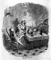 Illustration til "Oliver Twist" (Olivier) af Charles Dickens (1812-1870), af George Cruikshank (1792-1878).
