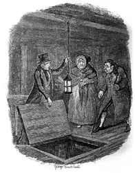 Illustration til "" Oliver Twist"" (Olivier) af Charles Dickens (1812-1870), af George Cruikshank (1792-1878).