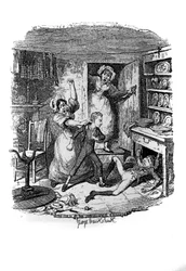 Illustration til "" Oliver Twist"" (Olivier) af Charles Dickens (1812-1870), af George Cruikshank (1792-1878).