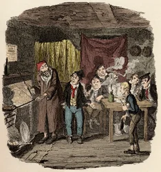 I London præsenterer Jack Dawkins kaldet ræven Oliver for Fagin og hans hold af malfrater - Oliver introduceret til den respektable gamle herre - Illustration til "Oliver Twist" (Olivier) (The Adventures of Oliver Twist) af Charles Dickens (1812-1870) , af