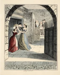 Jack Sheppard flygter fra det dømte lastrum i Newgate, illustration fra Jack Sheppard: A Romance af William Harrison Ainsworth, pub. 1839 (håndfarvet gravering)