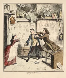 Jack Sheppard udviser en hævngerrig karakter, illustration fra Jack Sheppard: A Romance af William Harrison Ainsworth, udgivet 1839 (håndkoloreret radering)