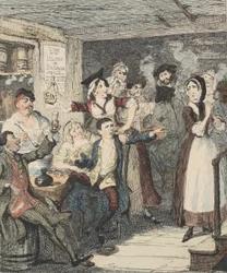 Jack Sheppard bliver fuld og beordrer sin mor væk, illustration fra Jack Sheppard: A Romance af William Harrison Ainsworth, udgivet 1839 (håndfarvet radering)