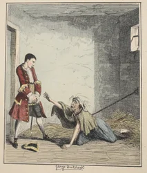 Jack Sheppard besøger sin mor i Bedlam, illustration fra Jack Sheppard: A Romance af William Harrison Ainsworth, udgivet 1839 (håndfarvet radering)